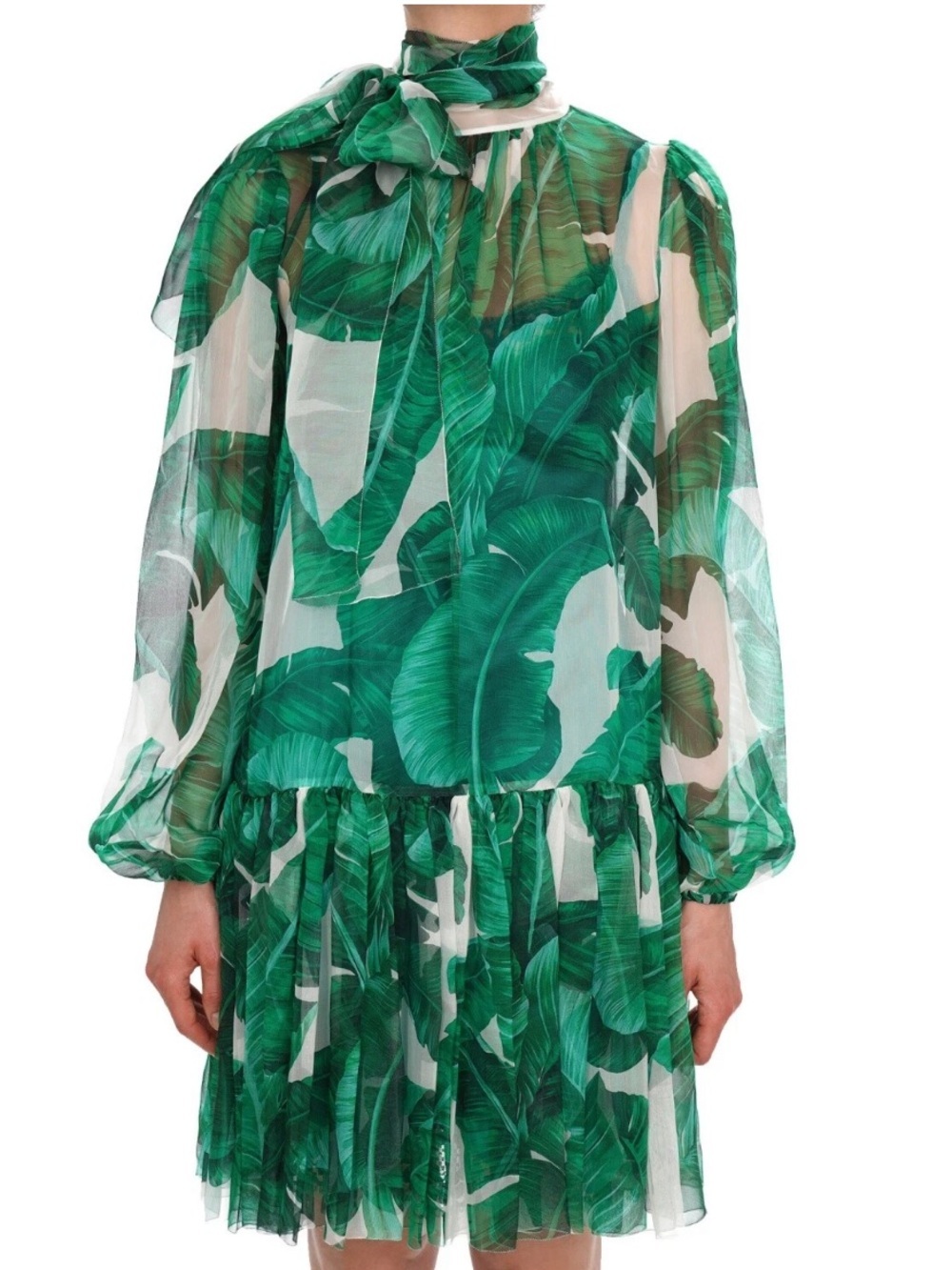 DOLCE & GABBANA Banana Leaf Silk Ribbon Dress White Green IT / 36 US XS